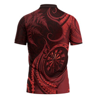 Personalised New Zealand Red Darts Zipper Polo Shirt Maori Fern Curve Style
