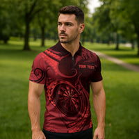 Personalised New Zealand Red Darts Zipper Polo Shirt Maori Fern Curve Style