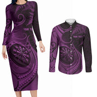 Personalised New Zealand Purple Darts Couples Matching Long Sleeve Bodycon Dress and Long Sleeve Button Shirt Maori Fern Curve Style