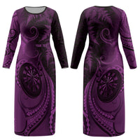 Personalised New Zealand Purple Darts Couples Matching Long Sleeve Bodycon Dress and Long Sleeve Button Shirt Maori Fern Curve Style