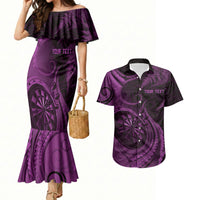 Personalised New Zealand Purple Darts Couples Matching Mermaid Dress and Hawaiian Shirt Maori Fern Curve Style