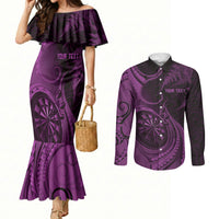 Personalised New Zealand Purple Darts Couples Matching Mermaid Dress and Long Sleeve Button Shirt Maori Fern Curve Style