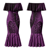 Personalised New Zealand Purple Darts Couples Matching Mermaid Dress and Long Sleeve Button Shirt Maori Fern Curve Style