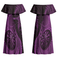 Personalised New Zealand Purple Darts Couples Matching Off Shoulder Maxi Dress and Hawaiian Shirt Maori Fern Curve Style