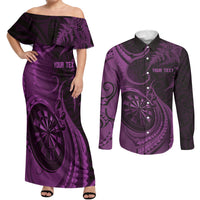 Personalised New Zealand Purple Darts Couples Matching Off Shoulder Maxi Dress and Long Sleeve Button Shirt Maori Fern Curve Style