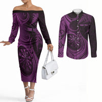 Personalised New Zealand Purple Darts Couples Matching Off The Shoulder Long Sleeve Dress and Long Sleeve Button Shirt Maori Fern Curve Style