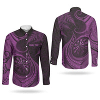 Personalised New Zealand Purple Darts Couples Matching Off The Shoulder Long Sleeve Dress and Long Sleeve Button Shirt Maori Fern Curve Style