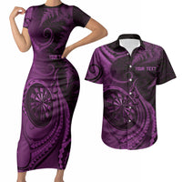 Personalised New Zealand Purple Darts Couples Matching Short Sleeve Bodycon Dress and Hawaiian Shirt Maori Fern Curve Style