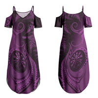 Personalised New Zealand Purple Darts Couples Matching Summer Maxi Dress and Long Sleeve Button Shirt Maori Fern Curve Style