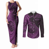 Personalised New Zealand Purple Darts Couples Matching Tank Maxi Dress and Long Sleeve Button Shirt Maori Fern Curve Style