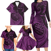 Personalised New Zealand Purple Darts Family Matching Long Sleeve Bodycon Dress and Hawaiian Shirt Maori Fern Curve Style
