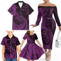Personalised New Zealand Purple Darts Family Matching Off The Shoulder Long Sleeve Dress and Hawaiian Shirt Maori Fern Curve Style