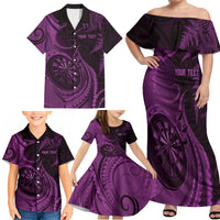 Personalised New Zealand Purple Darts Family Matching Off Shoulder Maxi Dress and Hawaiian Shirt Maori Fern Curve Style