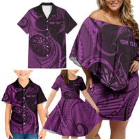 Personalised New Zealand Purple Darts Family Matching Off Shoulder Short Dress and Hawaiian Shirt Maori Fern Curve Style