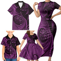 Personalised New Zealand Purple Darts Family Matching Short Sleeve Bodycon Dress and Hawaiian Shirt Maori Fern Curve Style