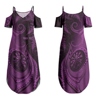 Personalised New Zealand Purple Darts Family Matching Summer Maxi Dress and Hawaiian Shirt Maori Fern Curve Style