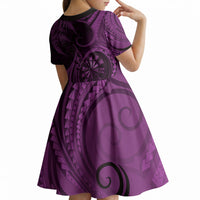 Personalised New Zealand Purple Darts Kid Short Sleeve Dress Maori Fern Curve Style