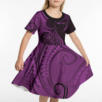Personalised New Zealand Purple Darts Kid Short Sleeve Dress Maori Fern Curve Style