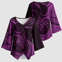 Personalised New Zealand Purple Darts Kimono Sleeve Blouse Maori Fern Curve Style