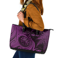Personalised New Zealand Purple Darts Leather Tote Bag Maori Fern Curve Style