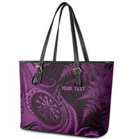 Personalised New Zealand Purple Darts Leather Tote Bag Maori Fern Curve Style
