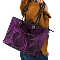 Personalised New Zealand Purple Darts Leather Tote Bag Maori Fern Curve Style