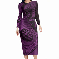 Personalised New Zealand Purple Darts Long Sleeve Bodycon Dress Maori Fern Curve Style