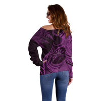 Personalised New Zealand Purple Darts Off Shoulder Sweater Maori Fern Curve Style