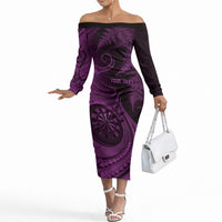 Personalised New Zealand Purple Darts Off The Shoulder Long Sleeve Dress Maori Fern Curve Style