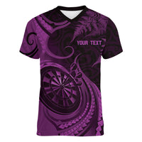 Personalised New Zealand Purple Darts Women V-Neck T-Shirt Maori Fern Curve Style