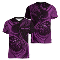 Personalised New Zealand Purple Darts Women V-Neck T-Shirt Maori Fern Curve Style