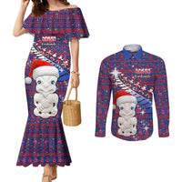 Personalized New Zealand Christmas Couples Matching Mermaid Dress and Long Sleeve Button Shirts Haka Fern Santa Tiki Meri Kirihimete LT05 Blue - Polynesian Pride