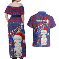 Personalized New Zealand Christmas Couples Matching Off Shoulder Maxi Dress and Hawaiian Shirt Haka Fern Santa Tiki Meri Kirihimete LT05 - Polynesian Pride