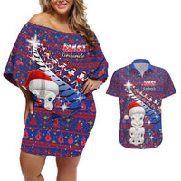 Personalized New Zealand Christmas Couples Matching Off Shoulder Short Dress and Hawaiian Shirt Haka Fern Santa Tiki Meri Kirihimete LT05 Blue - Polynesian Pride