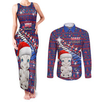 Personalized New Zealand Christmas Couples Matching Tank Maxi Dress and Long Sleeve Button Shirts Haka Fern Santa Tiki Meri Kirihimete LT05 Blue - Polynesian Pride