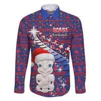 Personalized New Zealand Christmas Family Matching Off Shoulder Long Sleeve Dress and Hawaiian Shirt Haka Fern Santa Tiki Meri Kirihimete LT05 Dad's Shirt - Long Sleeve Blue - Polynesian Pride