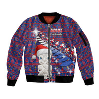 Personalized New Zealand Christmas Sleeve Zip Bomber Jacket Haka Fern Santa Tiki Meri Kirihimete LT05 Unisex Blue - Polynesian Pride