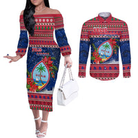 Personalized Guam Christmas Couples Matching Off The Shoulder Long Sleeve Dress and Long Sleeve Button Shirts Guaman Seal Poinsettia Felis Pasgua LT05 Red - Polynesian Pride