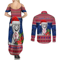 Personalized Guam Christmas Couples Matching Summer Maxi Dress and Long Sleeve Button Shirts Guaman Seal Poinsettia Felis Pasgua LT05 - Polynesian Pride