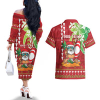 Personalised Hawaii Christmas Couples Matching Off The Shoulder Long Sleeve Dress and Hawaiian Shirt Funny Santa Claus Surf Mele Kalikimaka