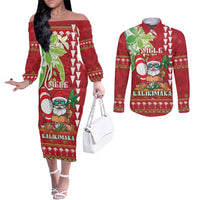 Personalised Hawaii Christmas Couples Matching Off The Shoulder Long Sleeve Dress and Long Sleeve Button Shirt Funny Santa Claus Surf Mele Kalikimaka