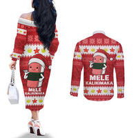 Hawaii Funny Christmas Couples Matching Off The Shoulder Long Sleeve Dress and Long Sleeve Button Shirt Spam Musubi Santa