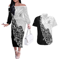 New Zealand Kiwi Rugby Custom Couples Matching Off The Shoulder Long Sleeve Dress and Hawaiian Shirt Go Champions Maori Pattern LT05 White - Polynesian Pride