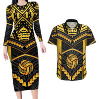Custom Polynesia Beach Volleyball Couples Matching Long Sleeve Bodycon Dress and Hawaiian Shirt Gold Polynesian Tribal Pattern - Polynesian Pride