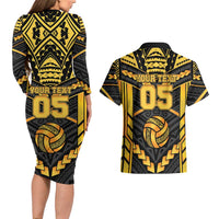 Custom Polynesia Beach Volleyball Couples Matching Long Sleeve Bodycon Dress and Hawaiian Shirt Gold Polynesian Tribal Pattern - Polynesian Pride