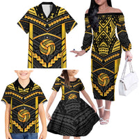 Custom Polynesia Beach Volleyball Family Matching Off The Shoulder Long Sleeve Dress and Hawaiian Shirt Gold Polynesian Tribal Pattern - Polynesian Pride
