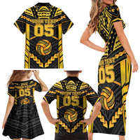 Custom Polynesia Beach Volleyball Family Matching Short Sleeve Bodycon Dress and Hawaiian Shirt Gold Polynesian Tribal Pattern - Polynesian Pride
