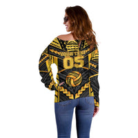 Custom Polynesia Beach Volleyball Off Shoulder Sweater Gold Polynesian Tribal Pattern - Polynesian Pride