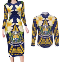 Personalised Nauru Independence Day Couples Matching Long Sleeve Bodycon Dress and Long Sleeve Button Shirt Coat Of Arms With Plumeria LT05 Navy - Polynesian Pride