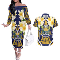 Personalised Nauru Independence Day Couples Matching Off The Shoulder Long Sleeve Dress and Hawaiian Shirt Coat Of Arms With Plumeria LT05 Navy - Polynesian Pride